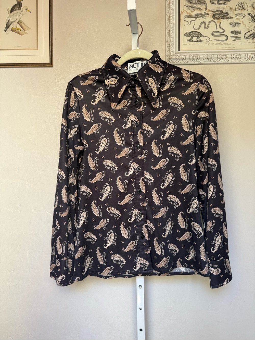 Vintage 70s Dark Brown Paisley Button-Up Shirt with Dagger Collar